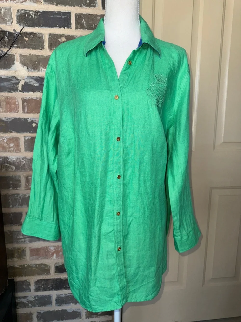 Lauren Ralph Lauren Linen Green Button Up Shirt Blue Contrast Trim Logo Crest 1X - Picture 12 of 12